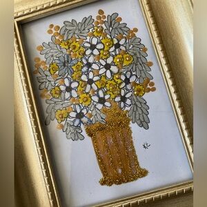 Floral Mixed Media Art. Gold Frame. ORIGINAL 6.5x8.5 inch